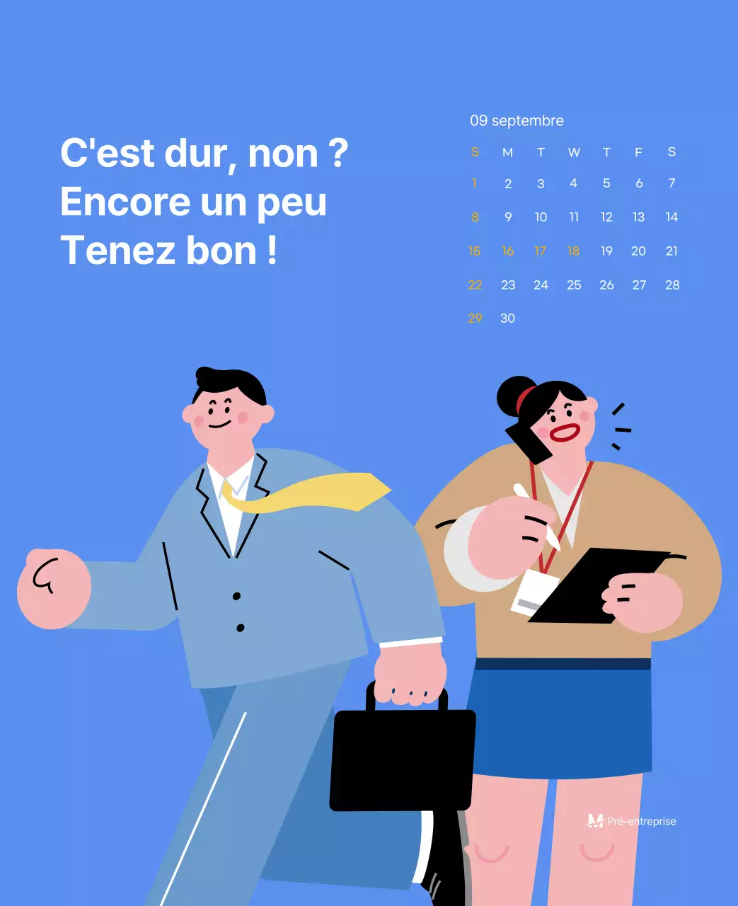 Calendrier de motivation avec des illustrations énergiques et des citations positives sur un fond bleu clair
