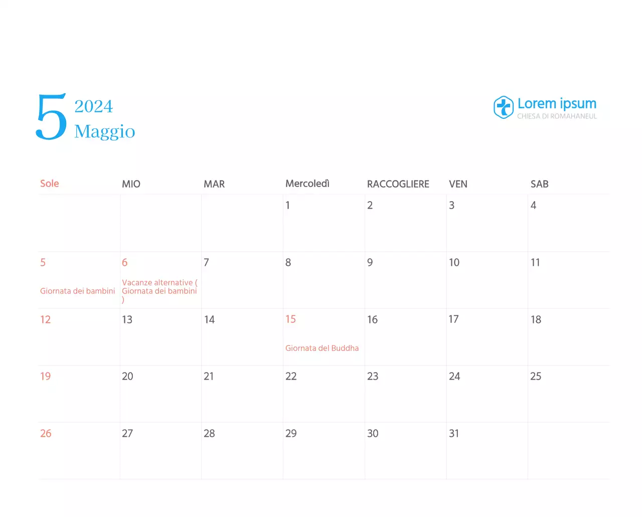 Calendario ecclesiastico blu di concezione moderna