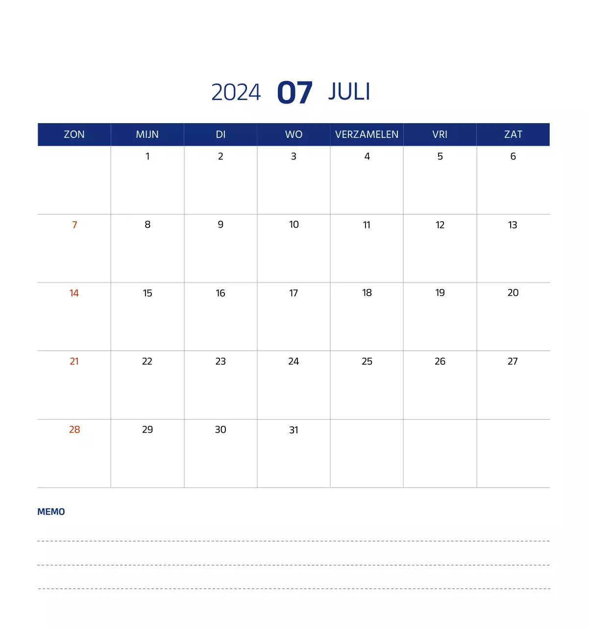 Eenvoudige kalender met strakke illustraties in blauw