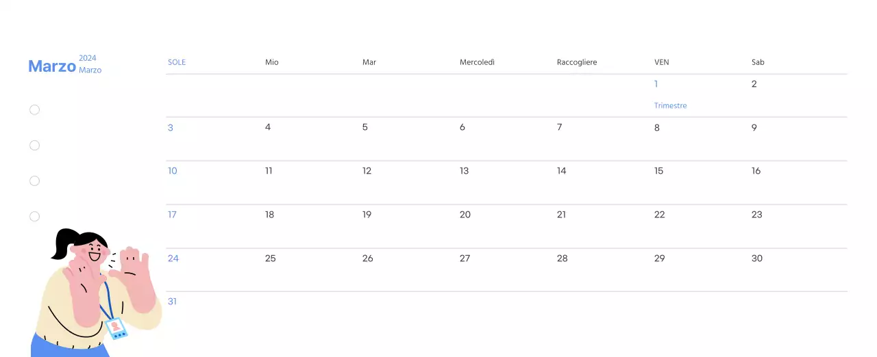 Calendario motivazionale con illustrazioni energetiche e citazioni positive su sfondo azzurro
