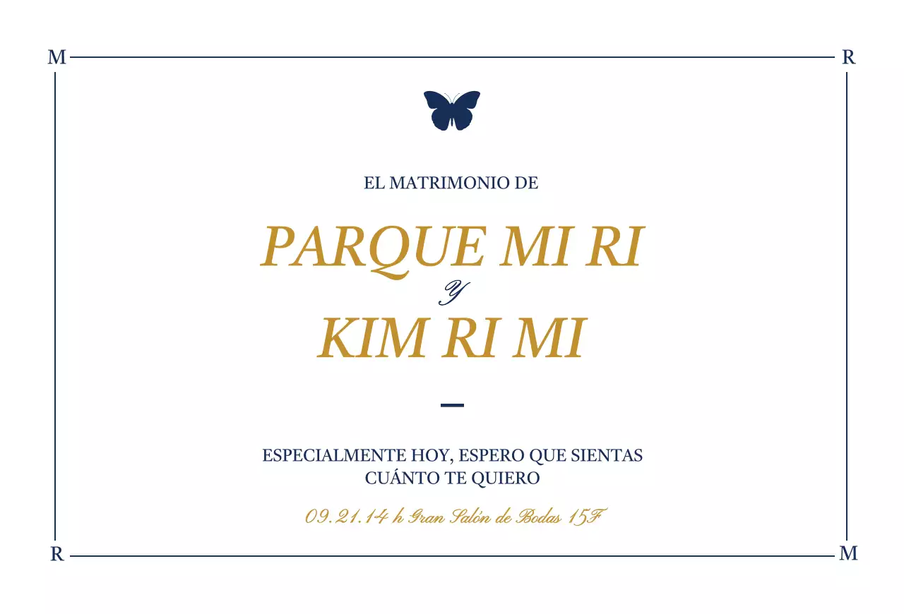 Invitación de boda de diseño elegante con ilustraciones de mariposas en blanco y azul marino