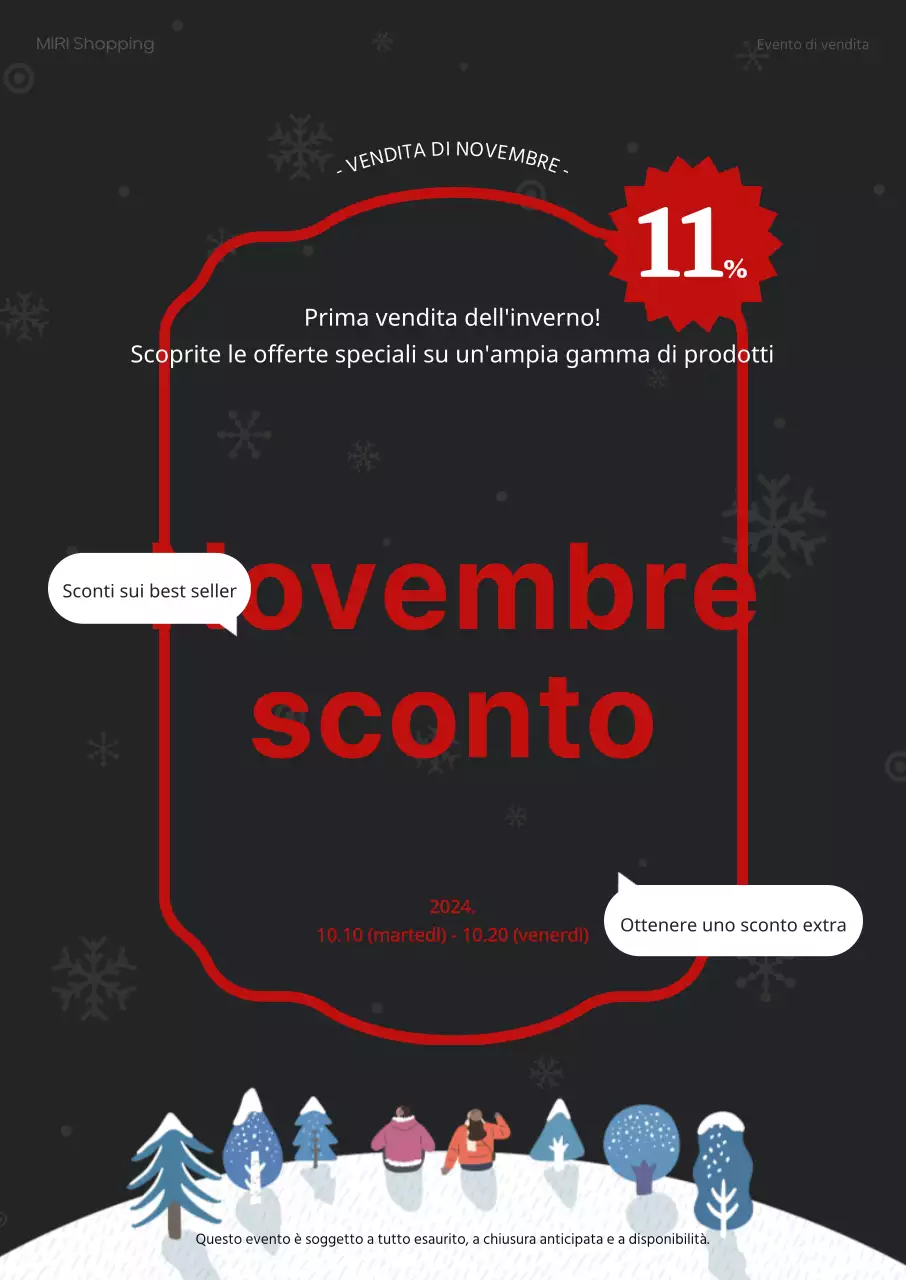 Evento di vendita di novembre con contrasto rosso su sfondo grigio scuro illustrazione invernale