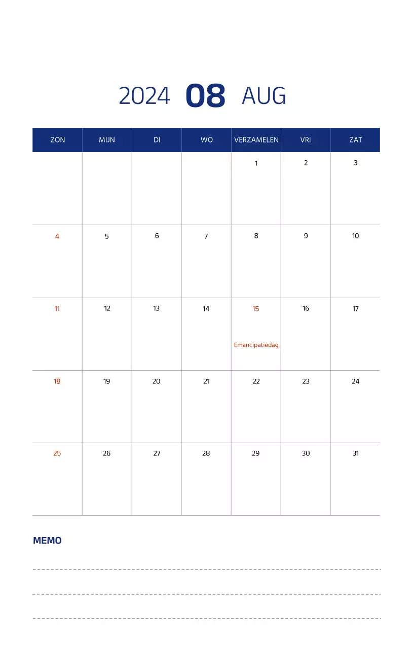 Eenvoudige kalender met strakke illustraties in blauw