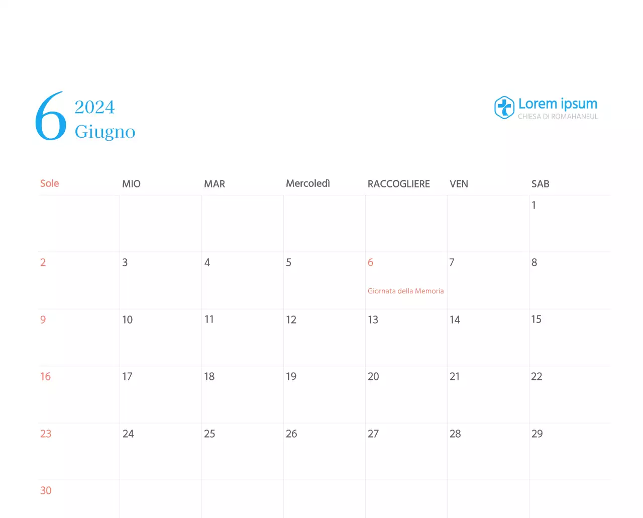 Calendario ecclesiastico blu di concezione moderna