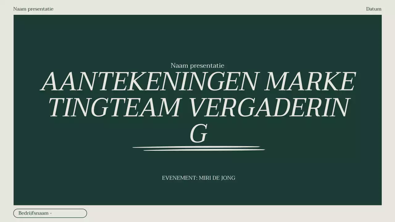 Minimalistisch verslag van de notulen van een marketingvergadering in groen en beige