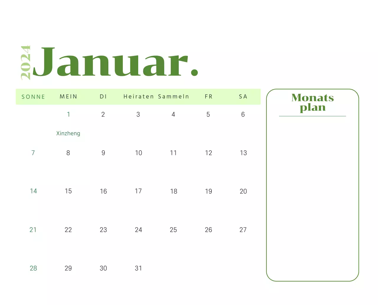 Kalender mit Jugendillustrationen auf gelbem und grünem Hintergrund