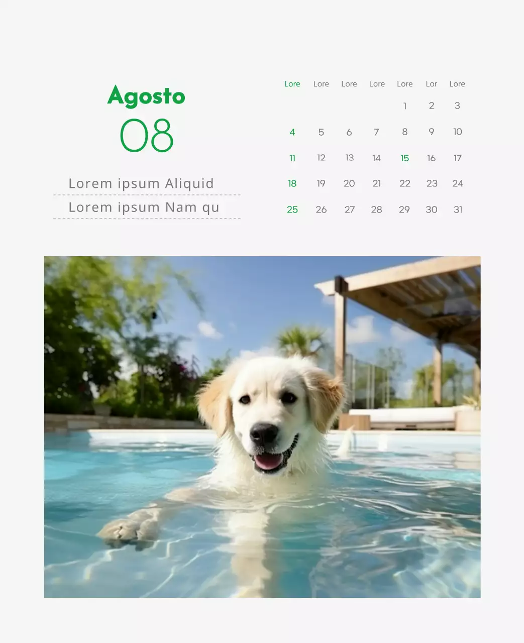 Un calendario con la imagen de un cachorro y un bonito mensaje en tonos verdes.
