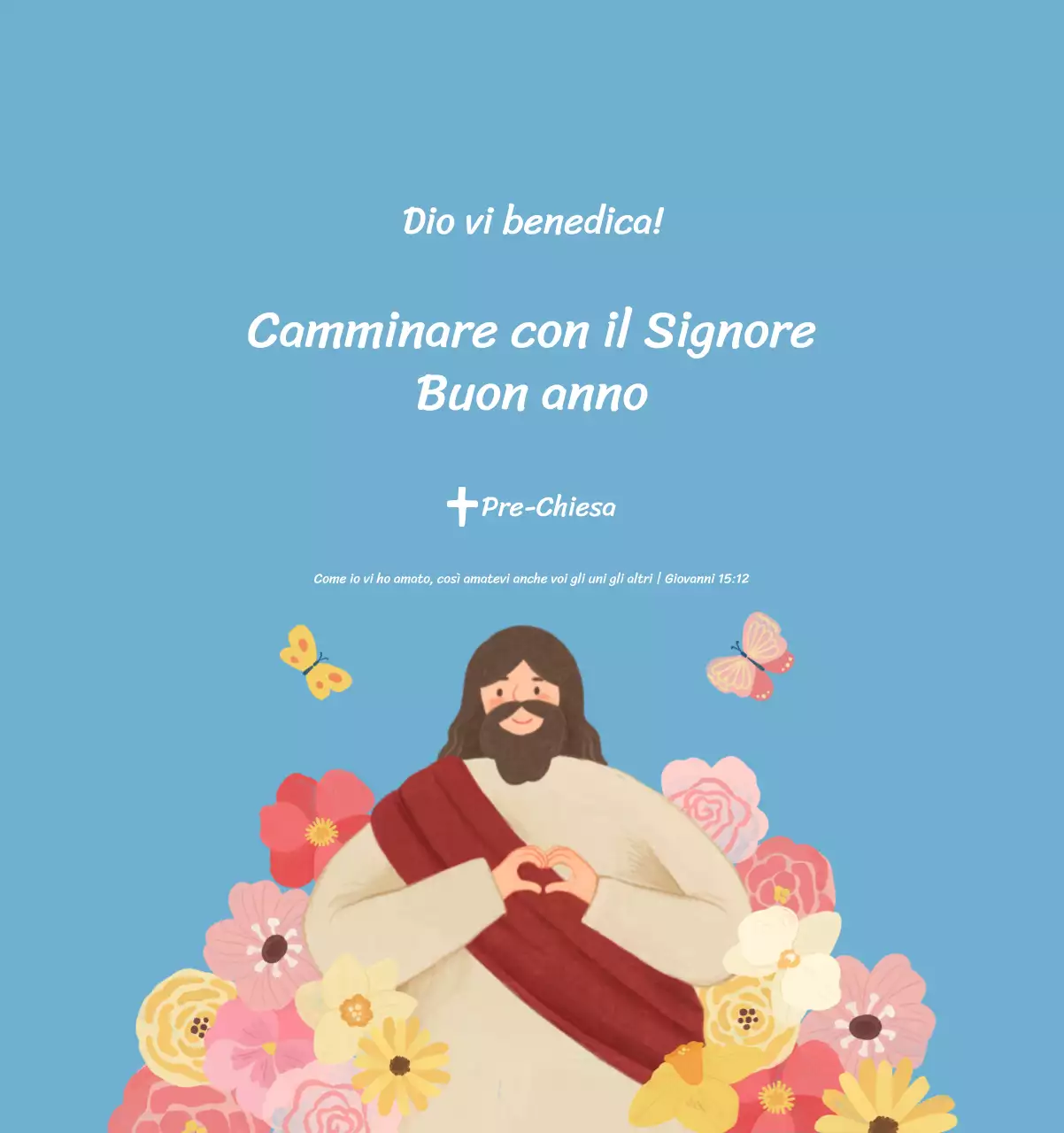 Un calendario devozionale con illustrazioni accoglienti e versetti della Bibbia su uno sfondo blu chiaro