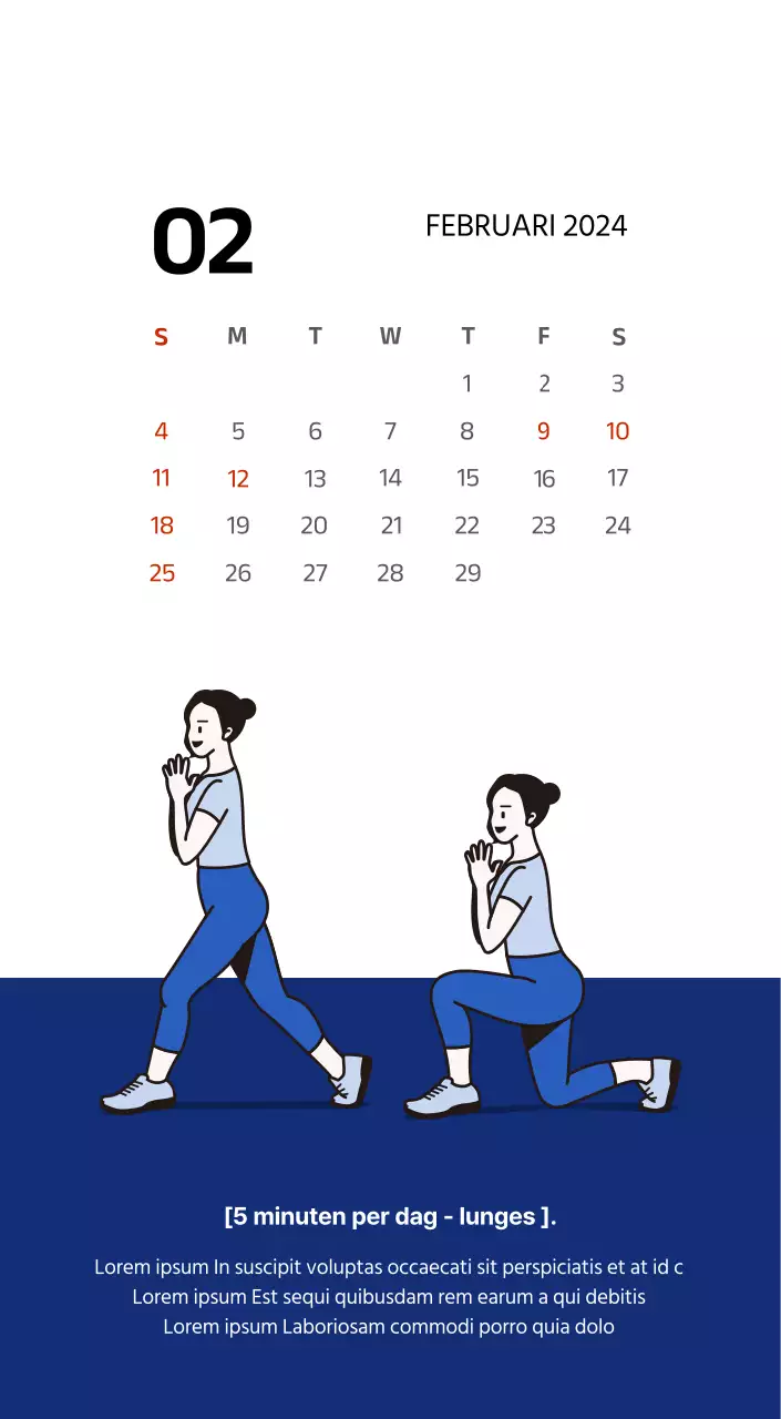 Eenvoudige kalender met strakke illustraties in blauw
