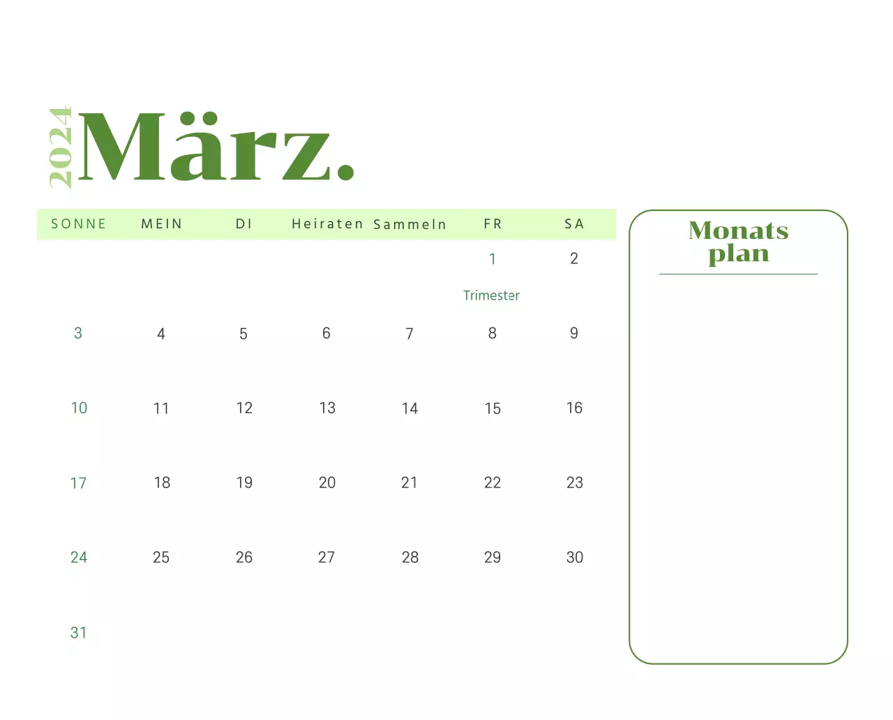 Kalender mit Jugendillustrationen auf gelbem und grünem Hintergrund