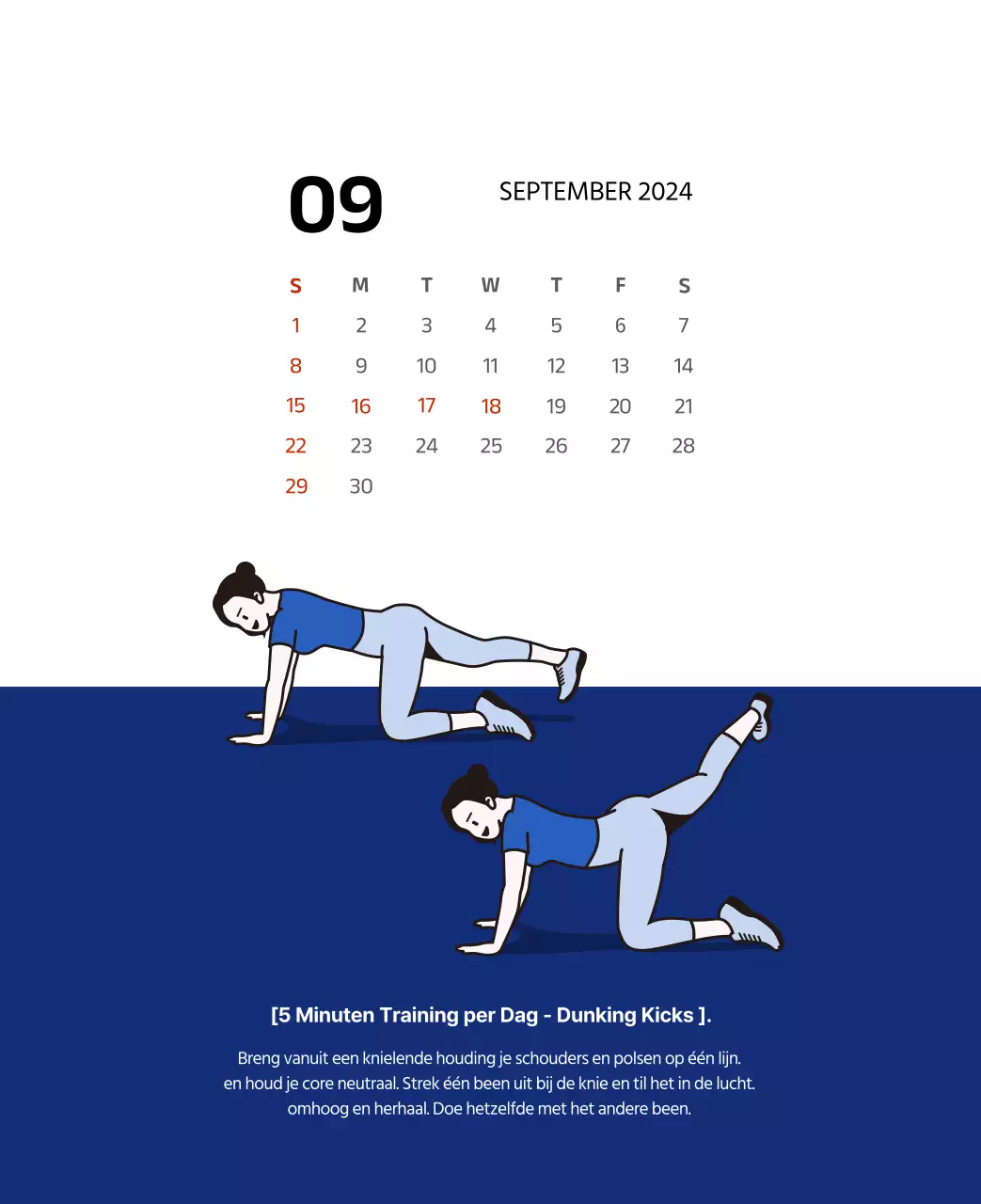 Eenvoudige kalender met strakke illustraties in blauw