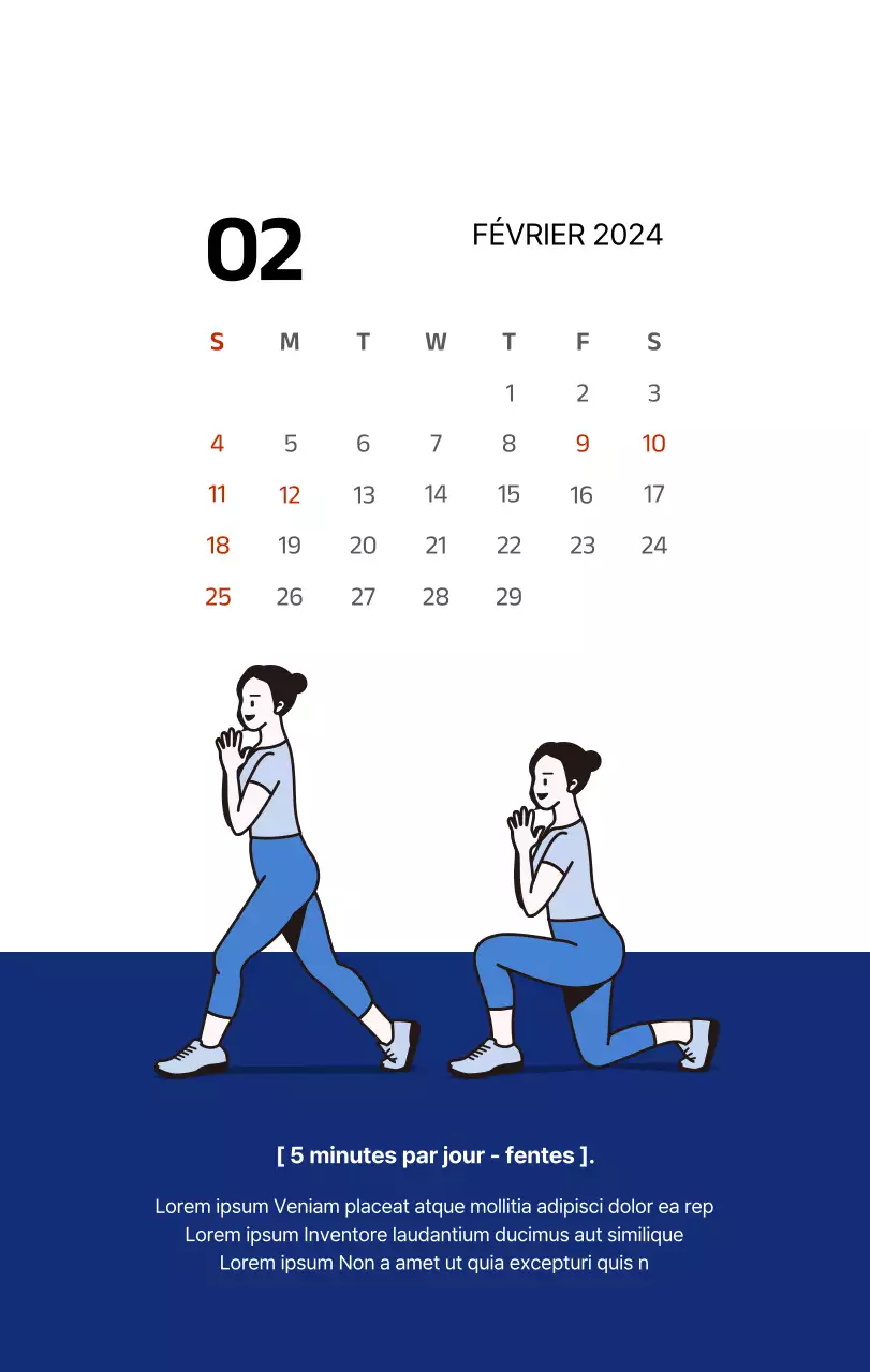 Calendrier simple avec des illustrations épurées en bleu