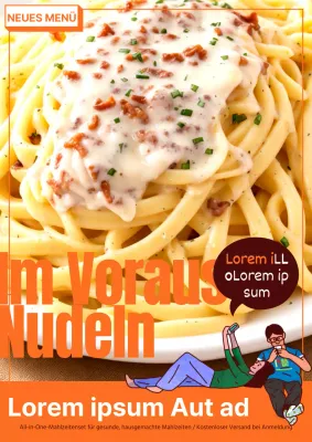 Kitschige orange-gelbe Nudelwerbung