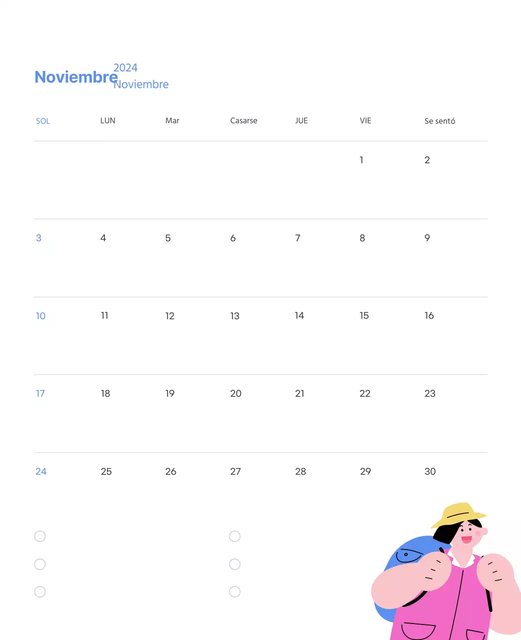Calendario motivacional con ilustraciones llenas de energía y citas positivas sobre fondo azul claro