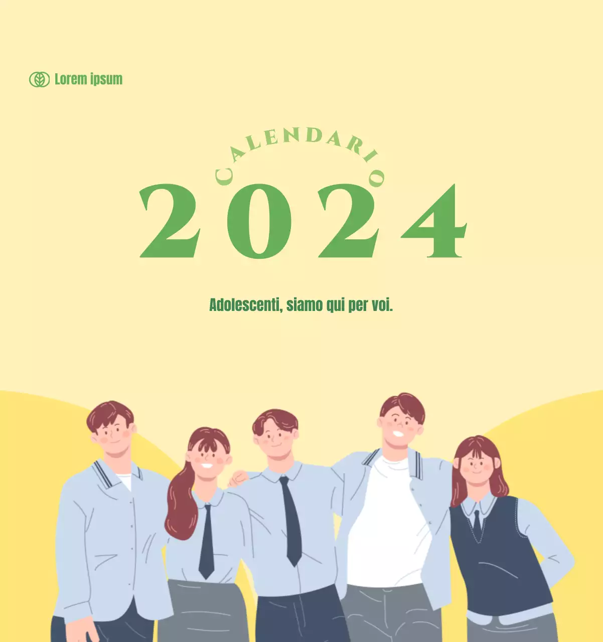 Calendario con illustrazioni giovanili su sfondo giallo e verde