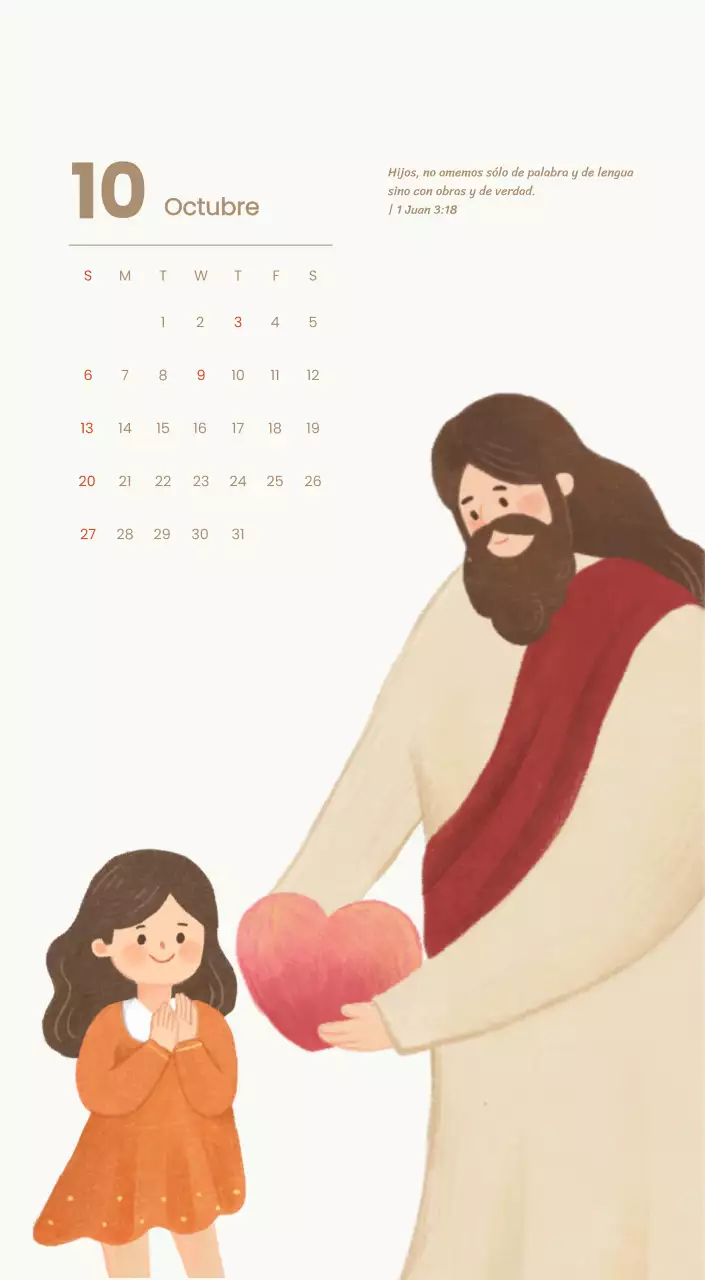 Un calendario devocional con acogedoras ilustraciones y versículos bíblicos sobre fondo azul claro