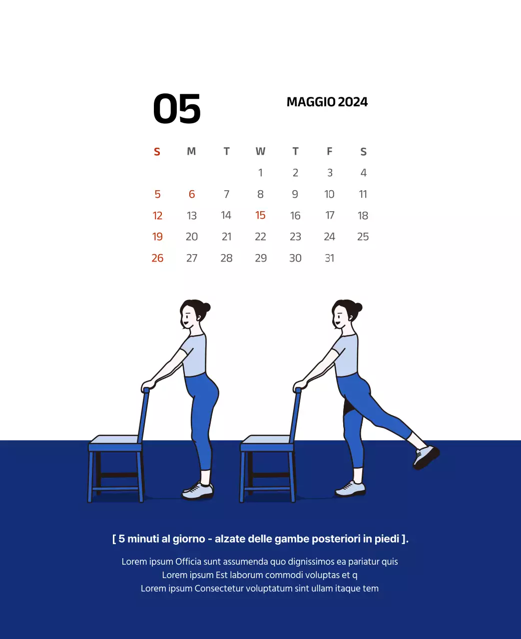 Calendario semplice con illustrazioni pulite in blu