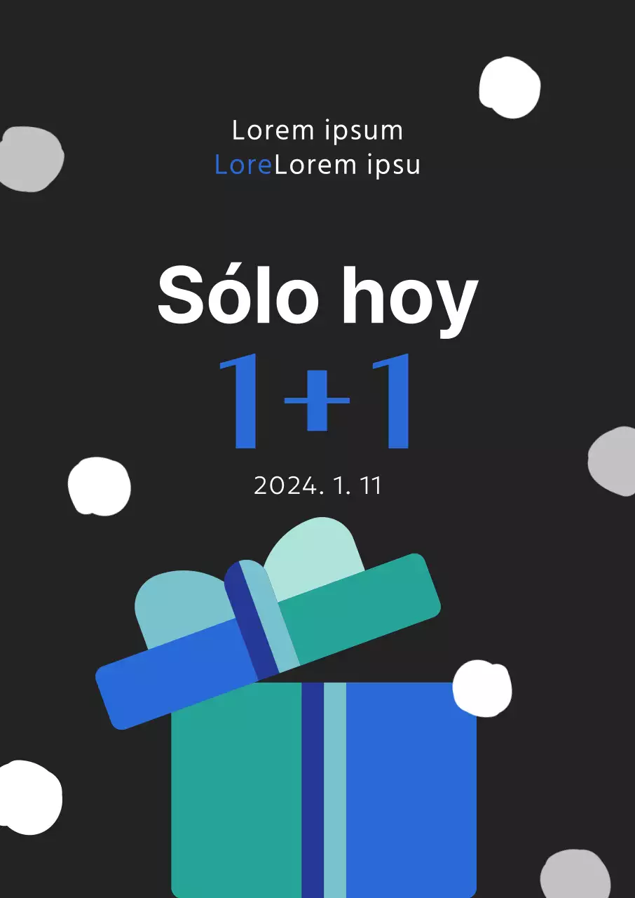 Promoción de invierno destacando compre uno y llévese otro gratis con un gráfico de caja de regalo en puntos azules sobre fondo negro