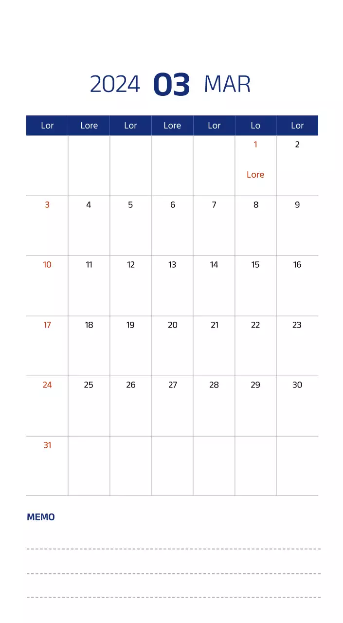 Eenvoudige kalender met strakke illustraties in blauw