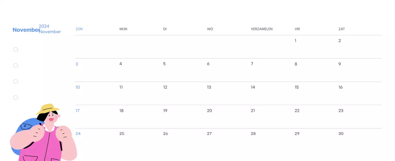 Motiverende kalender met energieke illustraties en positieve citaten op een lichtblauwe achtergrond