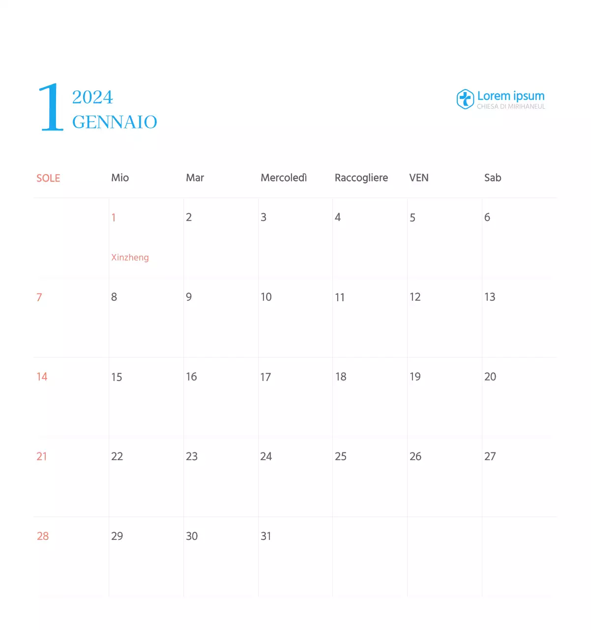 Calendario ecclesiastico blu di concezione moderna