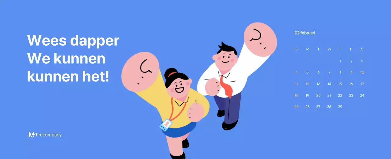 Motiverende kalender met energieke illustraties en positieve citaten op een lichtblauwe achtergrond