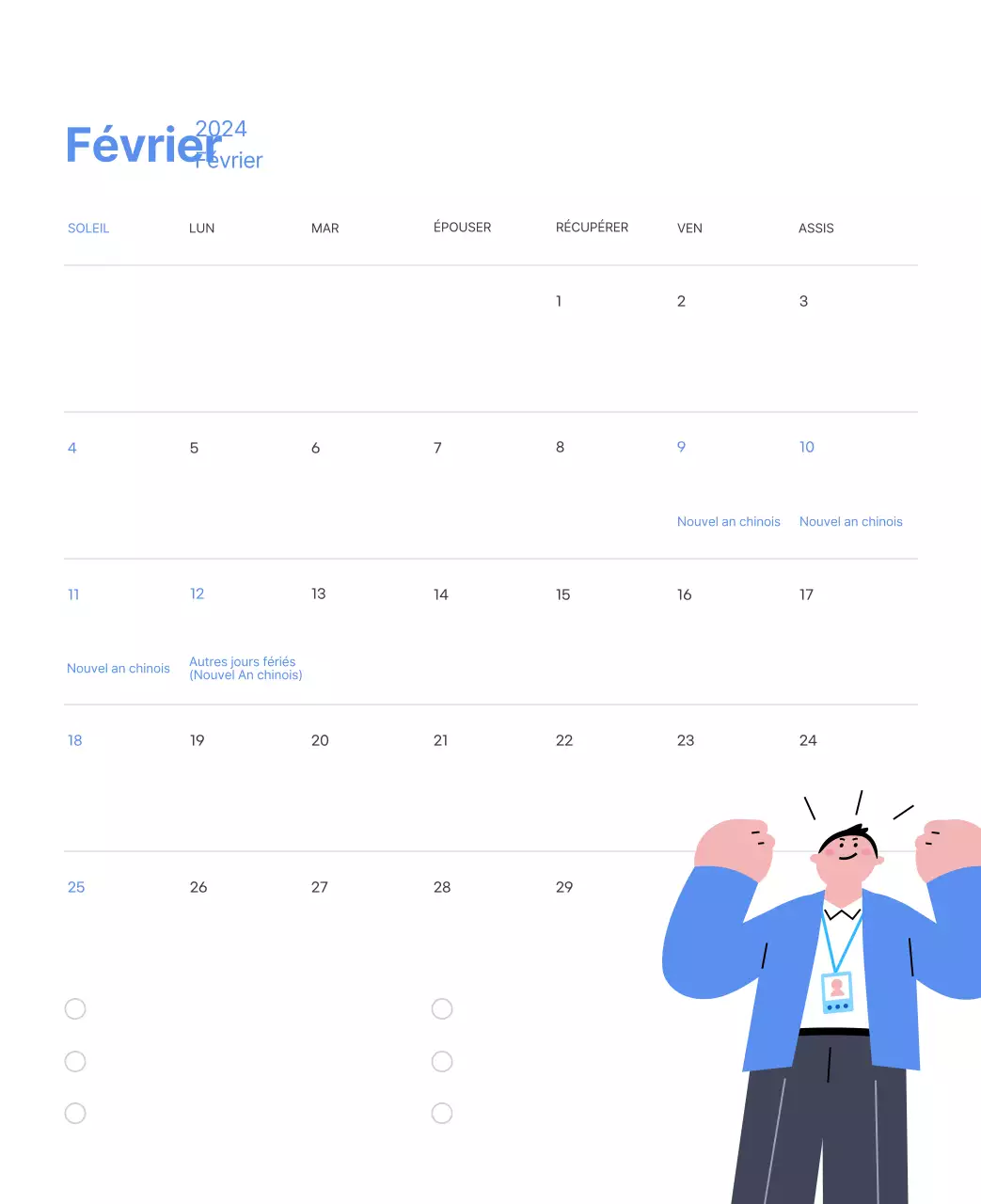Calendrier de motivation avec des illustrations énergiques et des citations positives sur un fond bleu clair