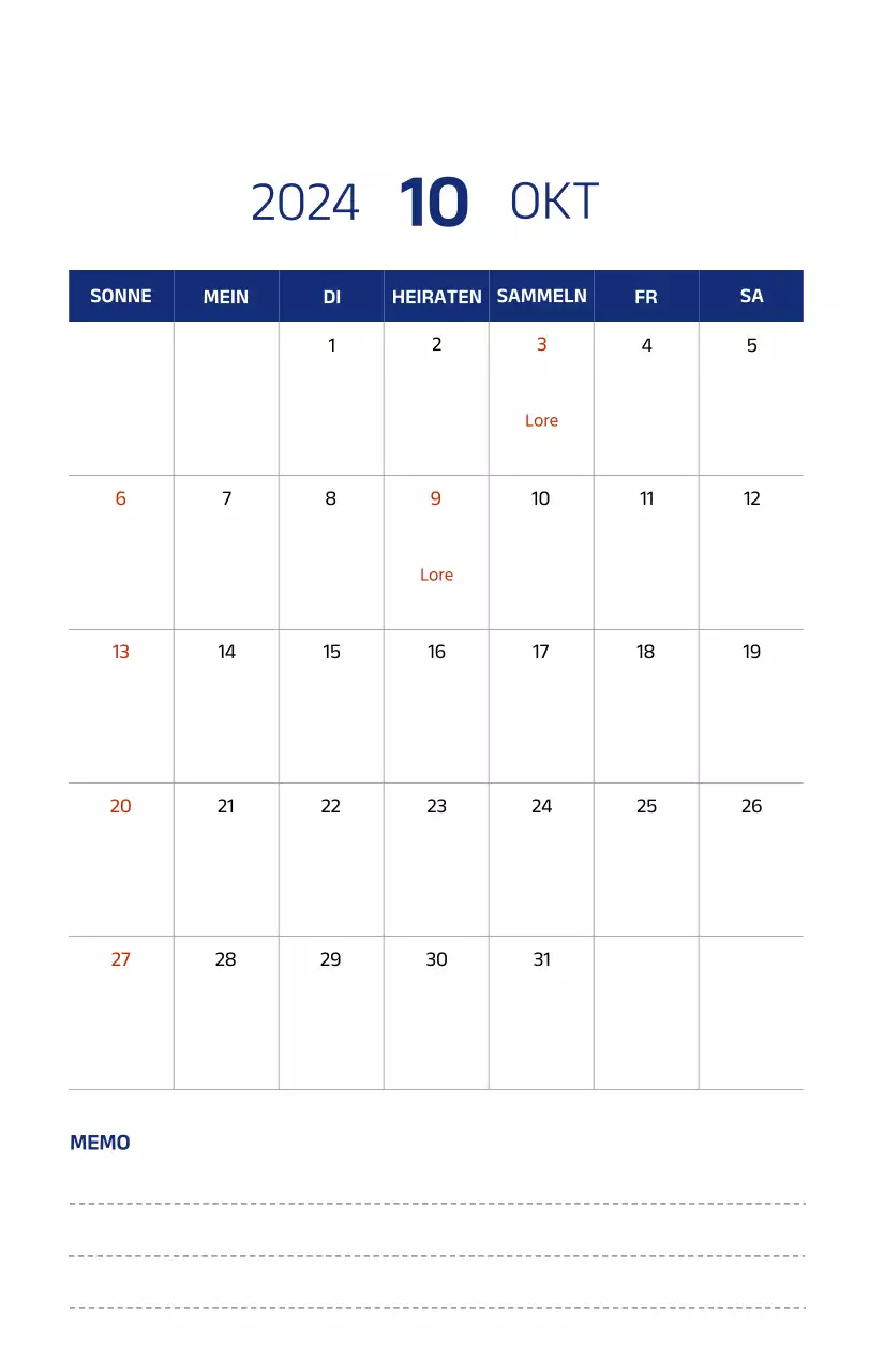 Einfacher Kalender mit klaren Illustrationen in Blau