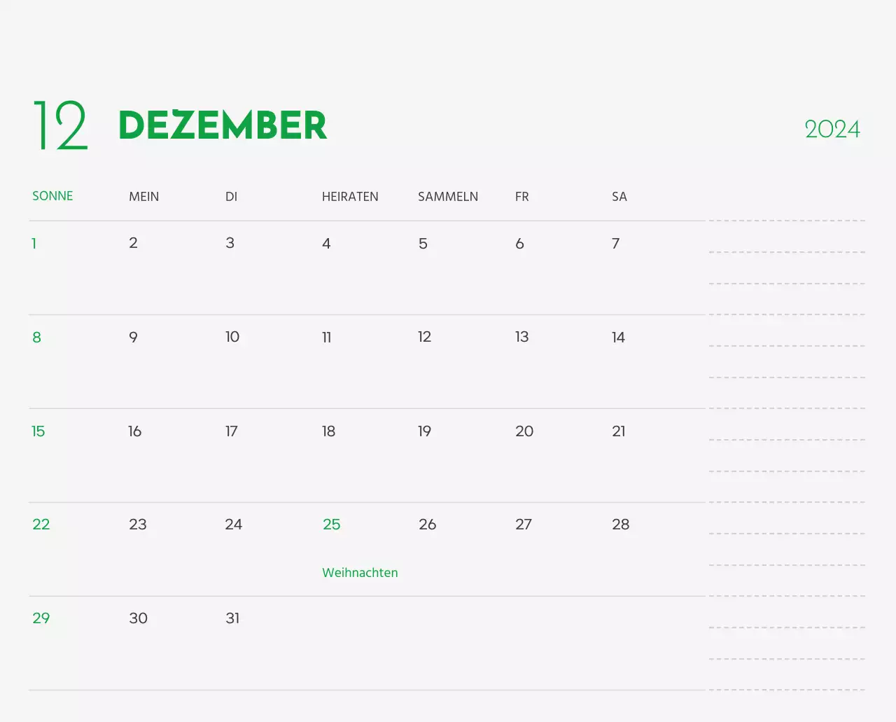 Ein Kalender mit einem Bild eines Welpen und einer niedlichen Botschaft in grünen Akzenten