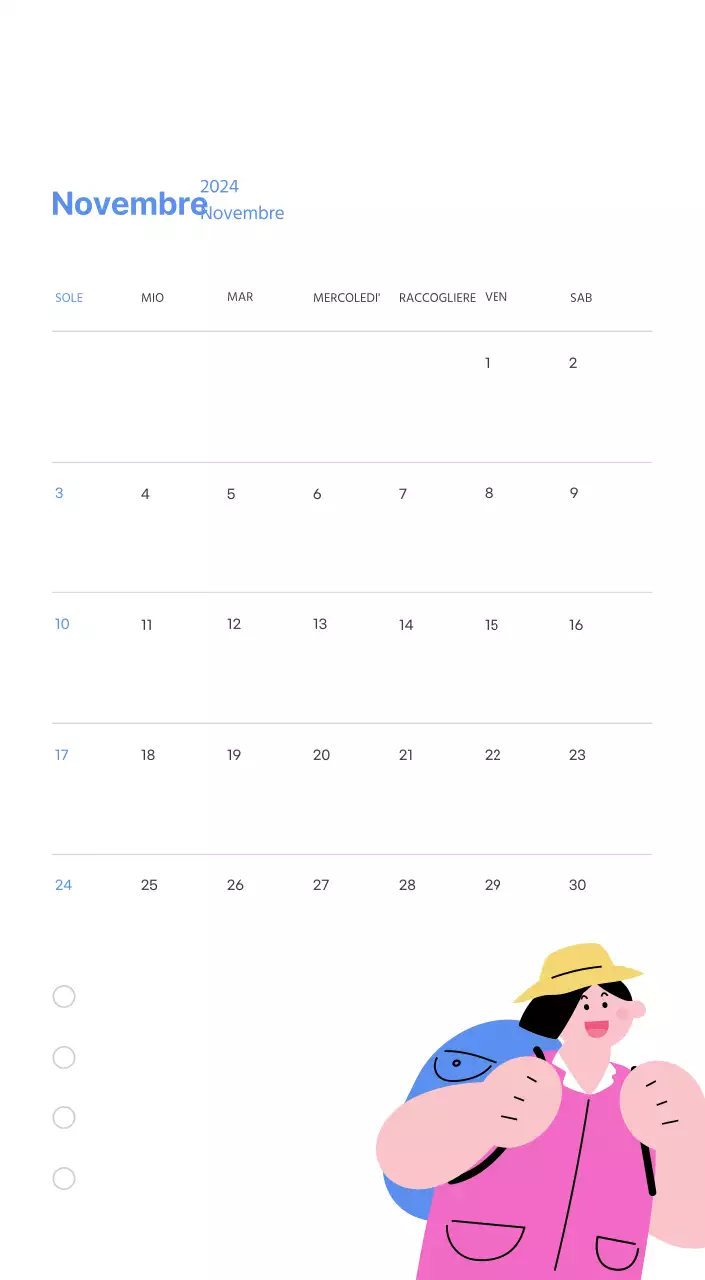 Calendario motivazionale con illustrazioni energetiche e citazioni positive su sfondo azzurro