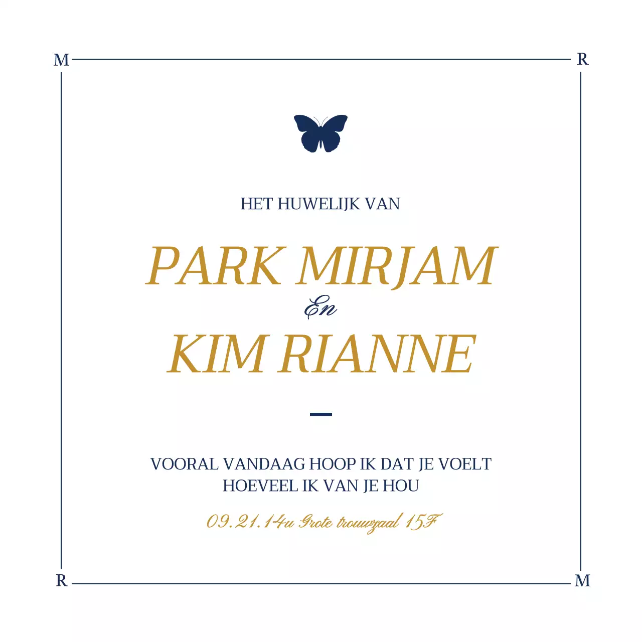 Luxueus ontworpen huwelijksuitnodiging met vlinderillustraties in wit en marineblauw