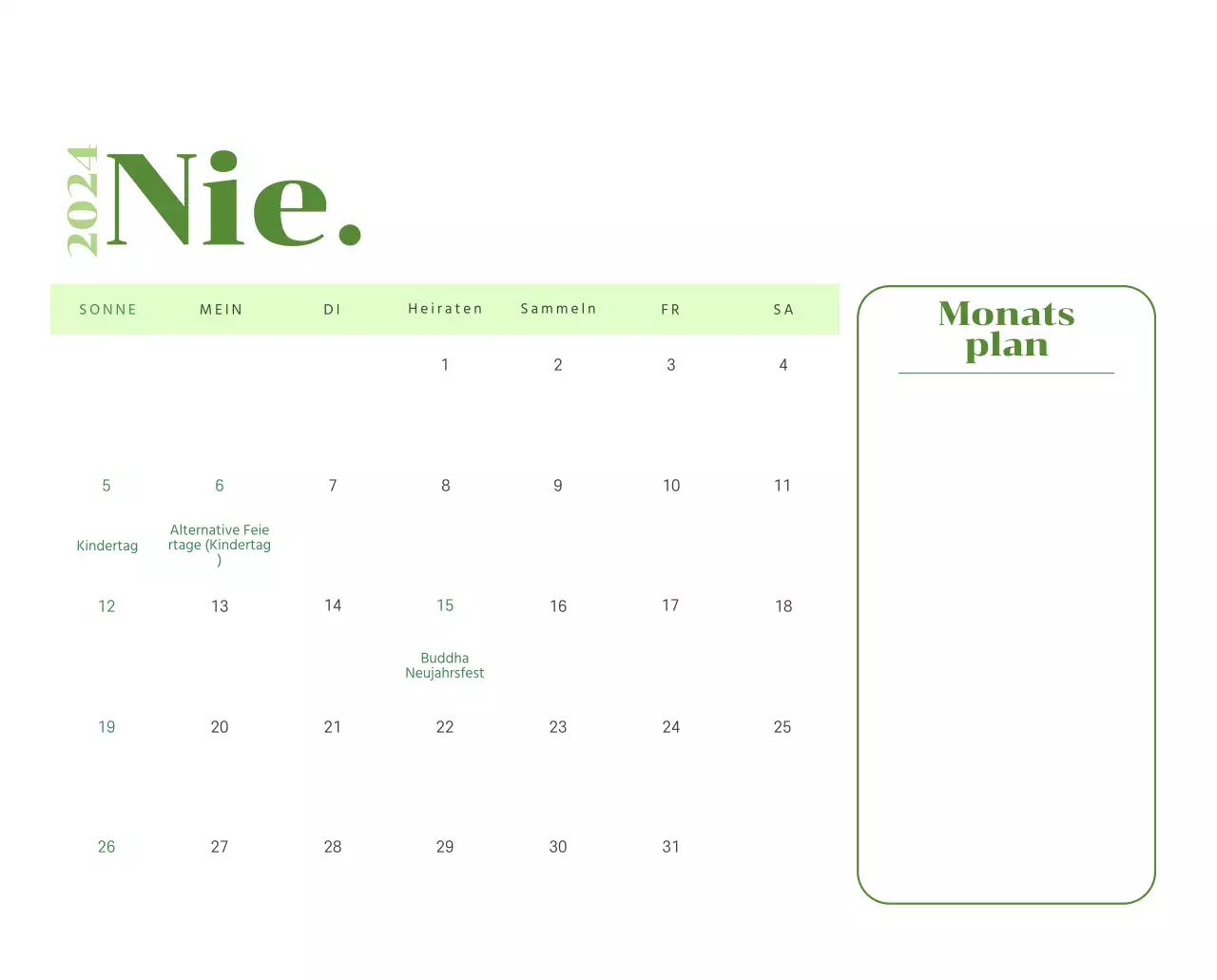 Kalender mit Jugendillustrationen auf gelbem und grünem Hintergrund