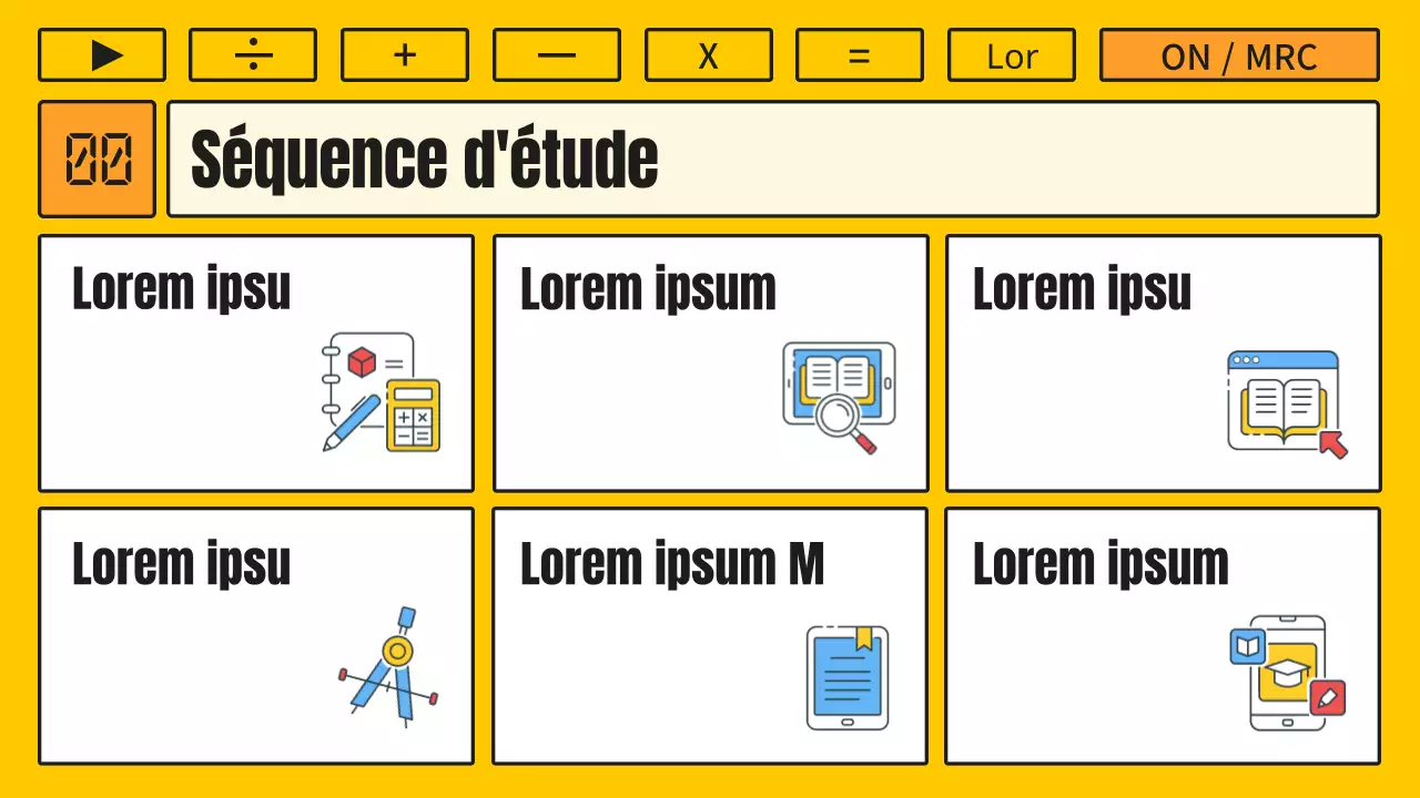 Cours de mathématiques avec une calculatrice jaune et orange kitsch
