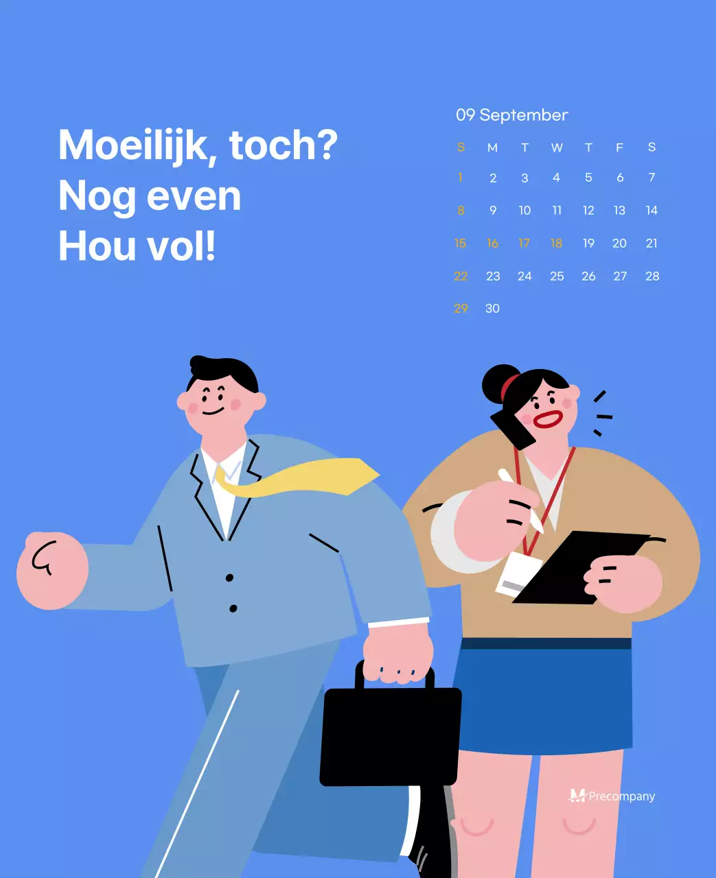 Motiverende kalender met energieke illustraties en positieve citaten op een lichtblauwe achtergrond
