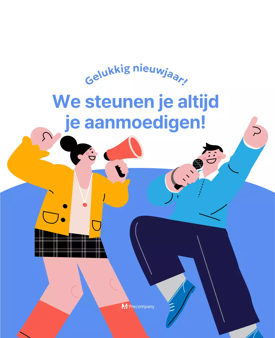 Motiverende kalender met energieke illustraties en positieve citaten op een lichtblauwe achtergrond