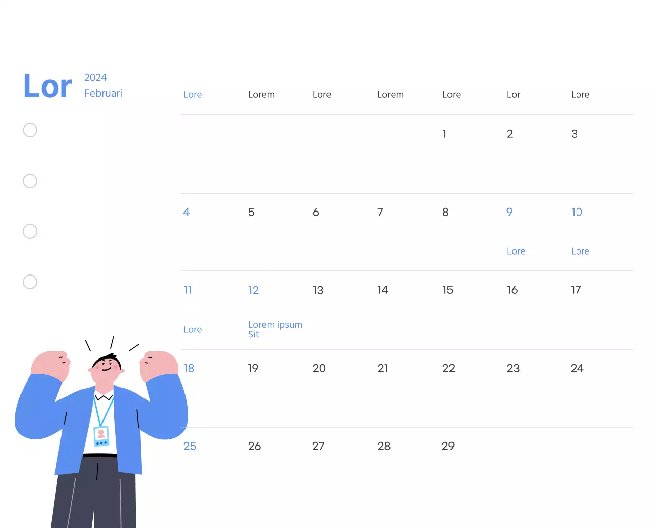 Motiverende kalender met energieke illustraties en positieve citaten op een lichtblauwe achtergrond
