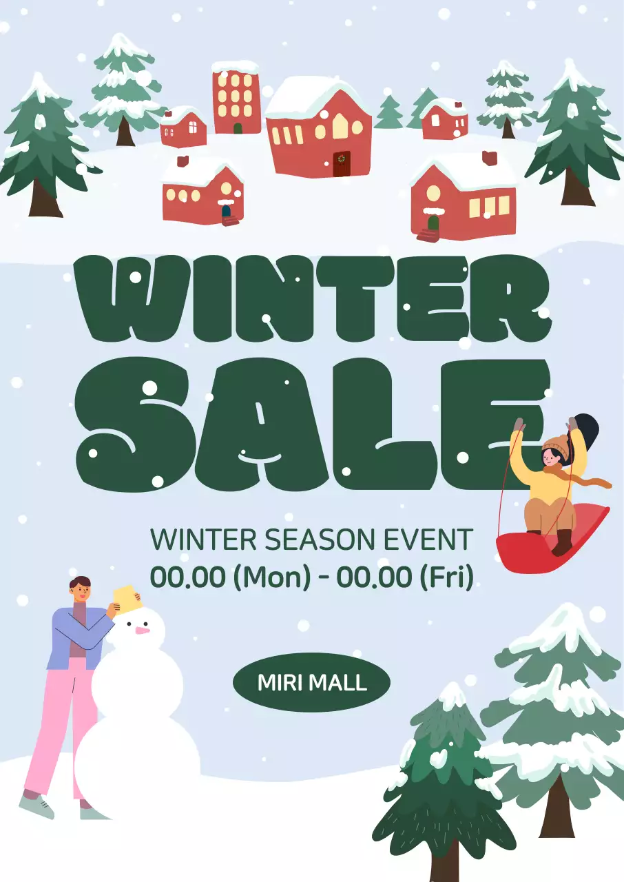 A winter sale featuring a snowy village and a cozy winter illustration of sleds and snowmen.