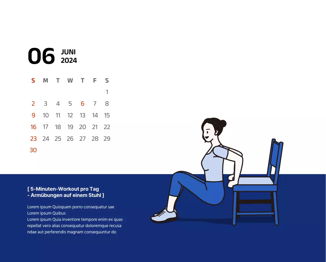 Einfacher Kalender mit klaren Illustrationen in Blau