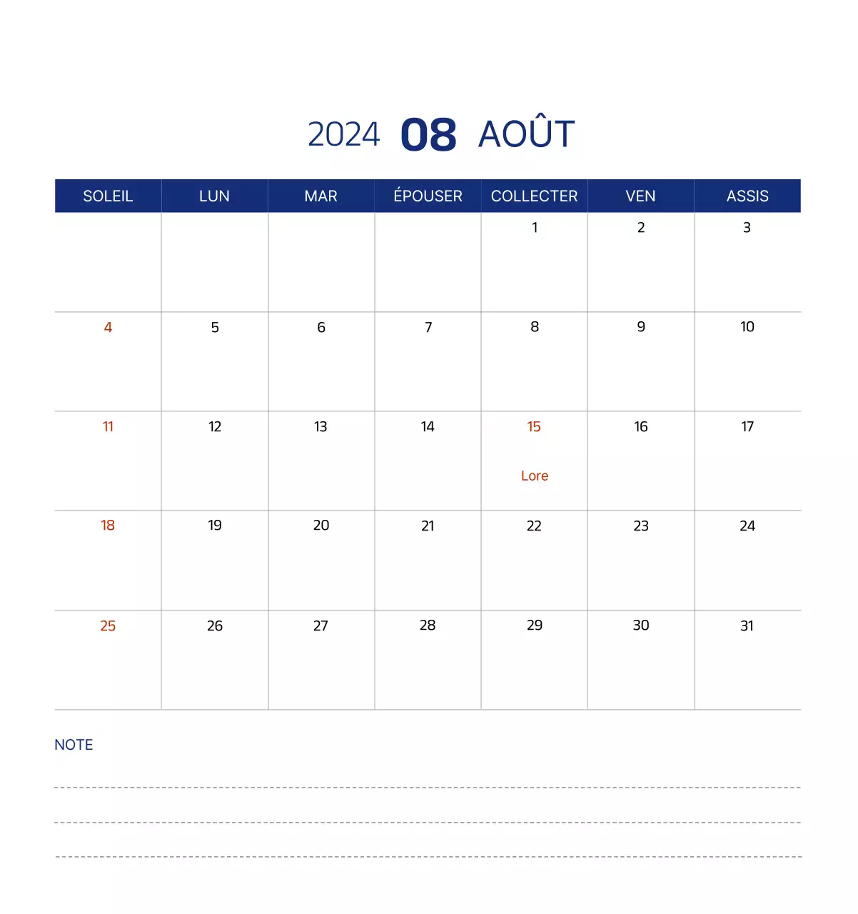 Calendrier simple avec des illustrations épurées en bleu