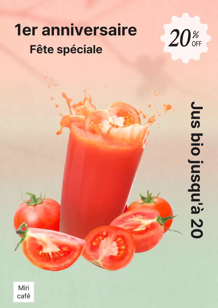 Promouvoir les jus de fruits crus en mettant l'accent sur les dégradés de rouge et de menthe.