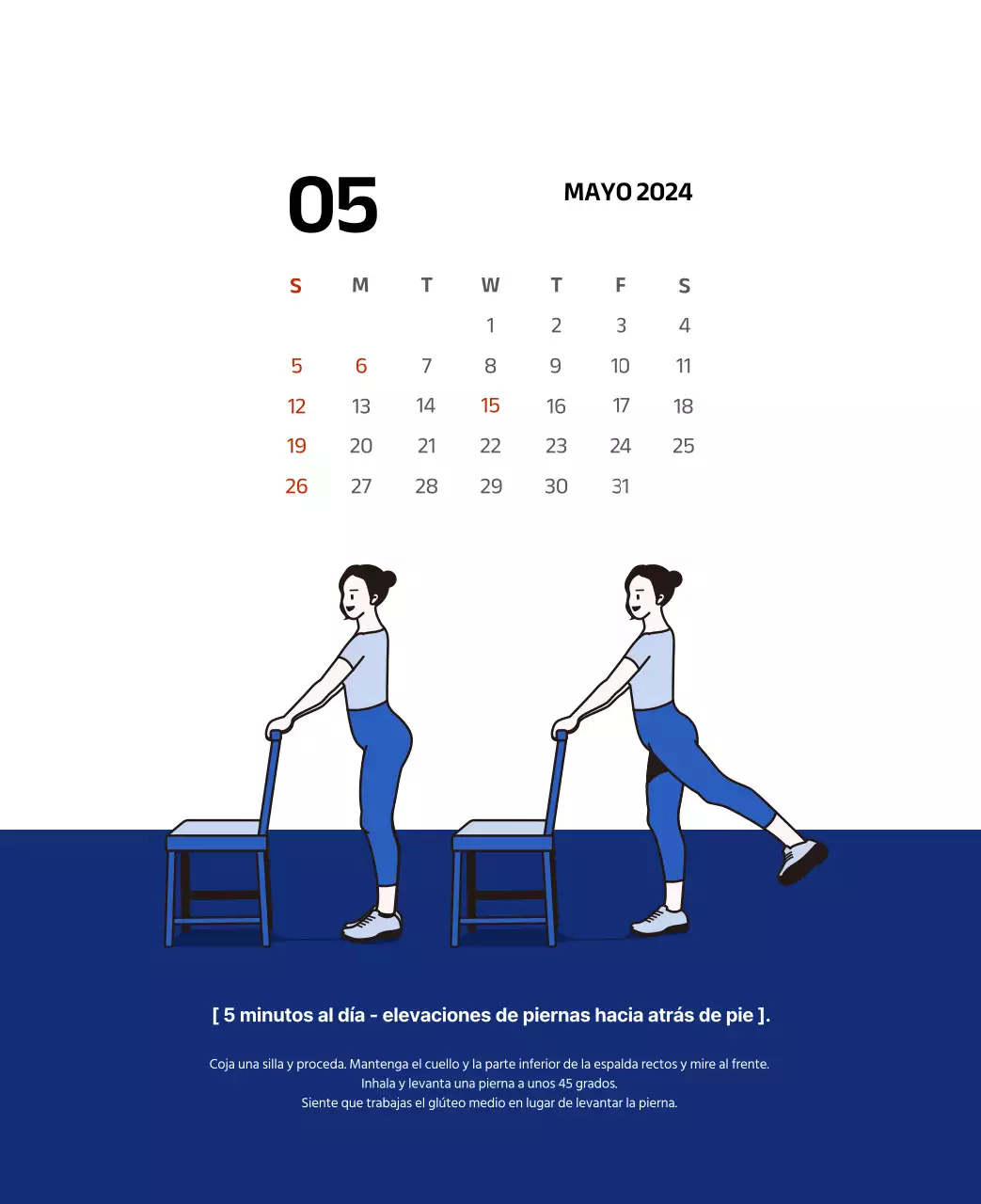 Calendario sencillo con ilustraciones limpias en azul