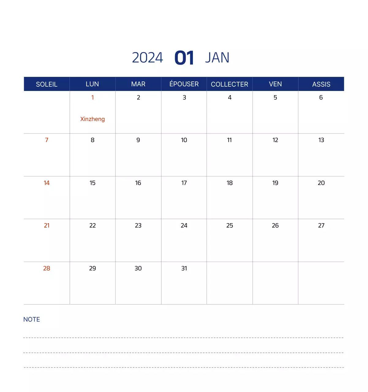 Calendrier simple avec des illustrations épurées en bleu