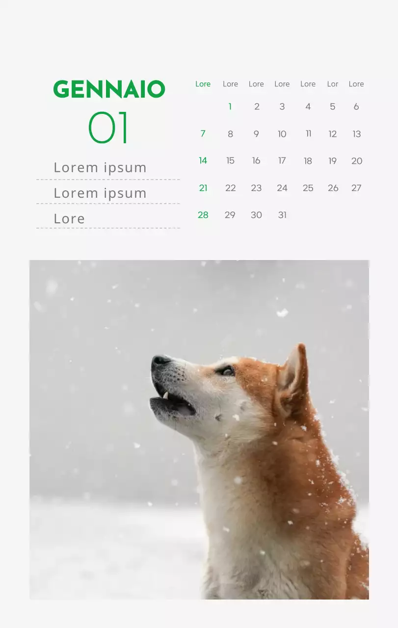 Un calendario con l'immagine di un cucciolo e un simpatico messaggio in verde.