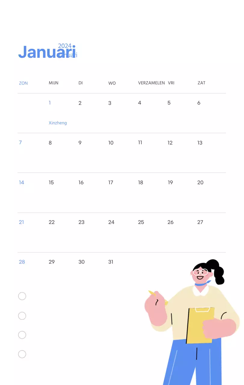 Motiverende kalender met energieke illustraties en positieve citaten op een lichtblauwe achtergrond