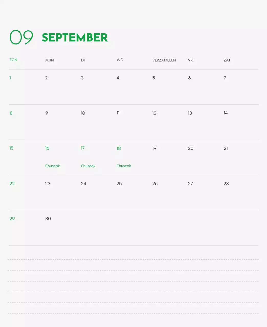 Een kalender met een afbeelding van een puppy en een schattige boodschap in groene accenten