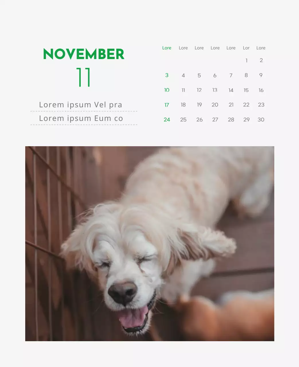 Een kalender met een afbeelding van een puppy en een schattige boodschap in groene accenten