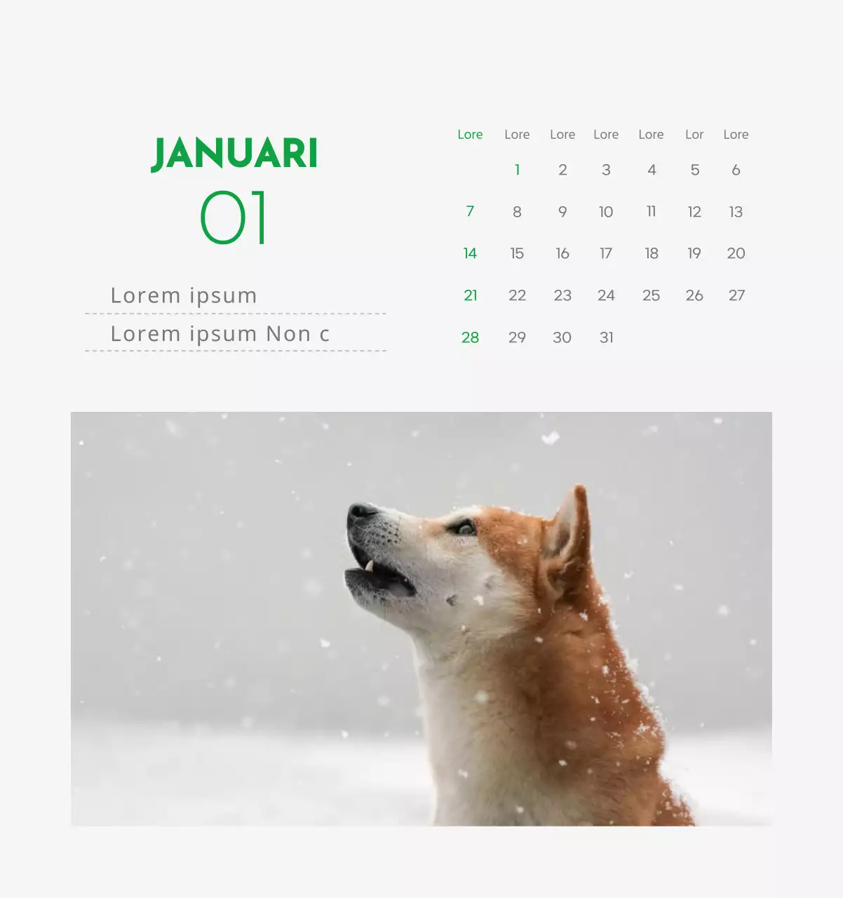 Een kalender met een afbeelding van een puppy en een schattige boodschap in groene accenten