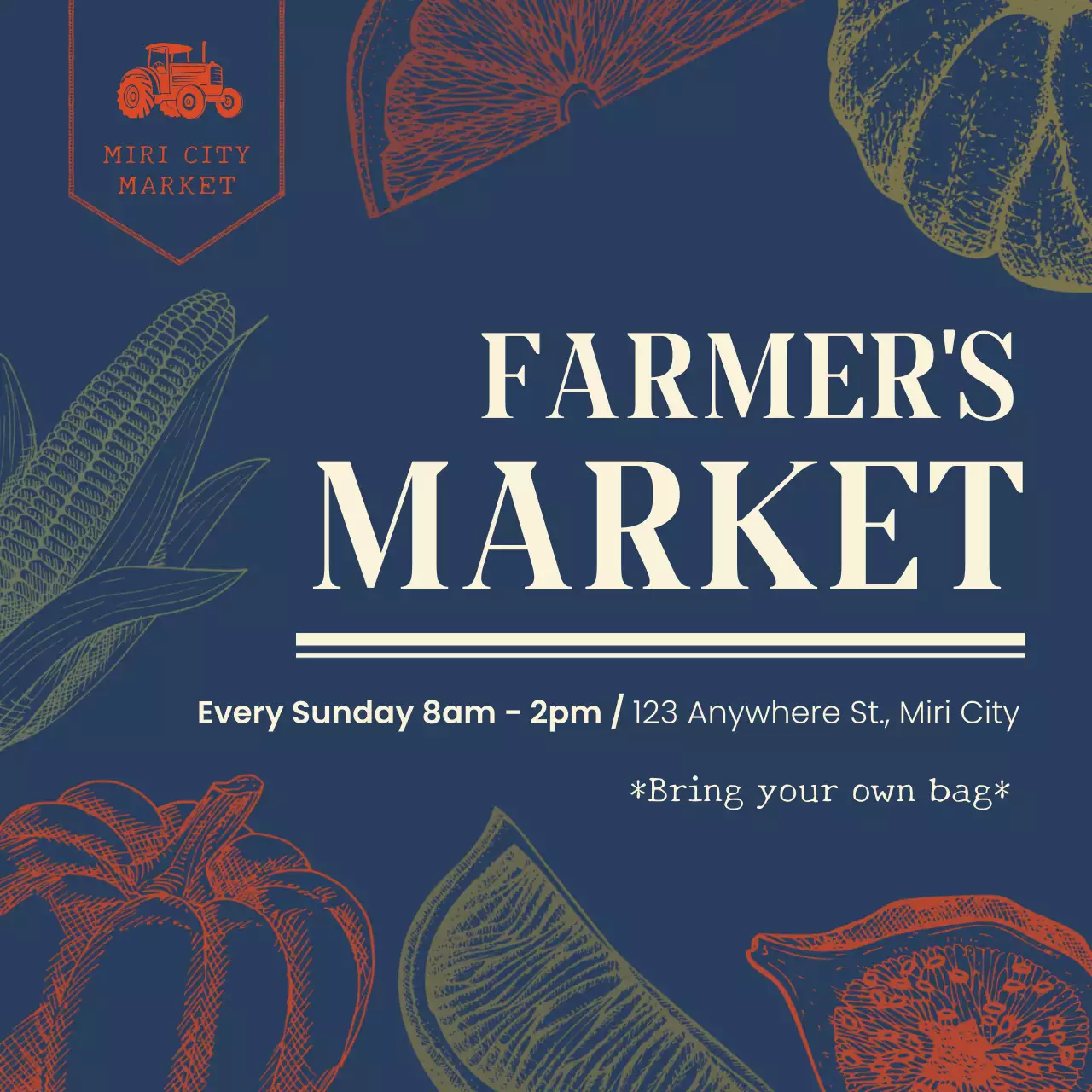 남색과 베이지의 미니멀한 파머스마켓 홍보