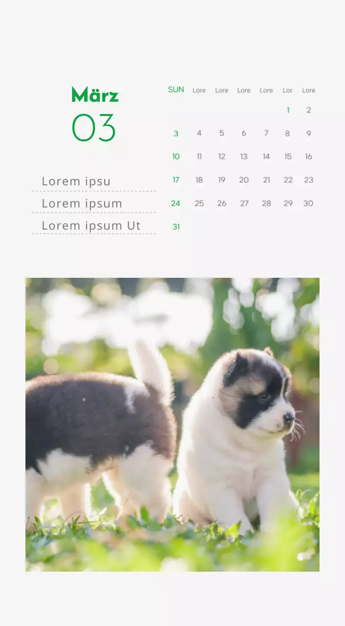 Ein Kalender mit einem Bild eines Welpen und einer niedlichen Botschaft in grünen Akzenten