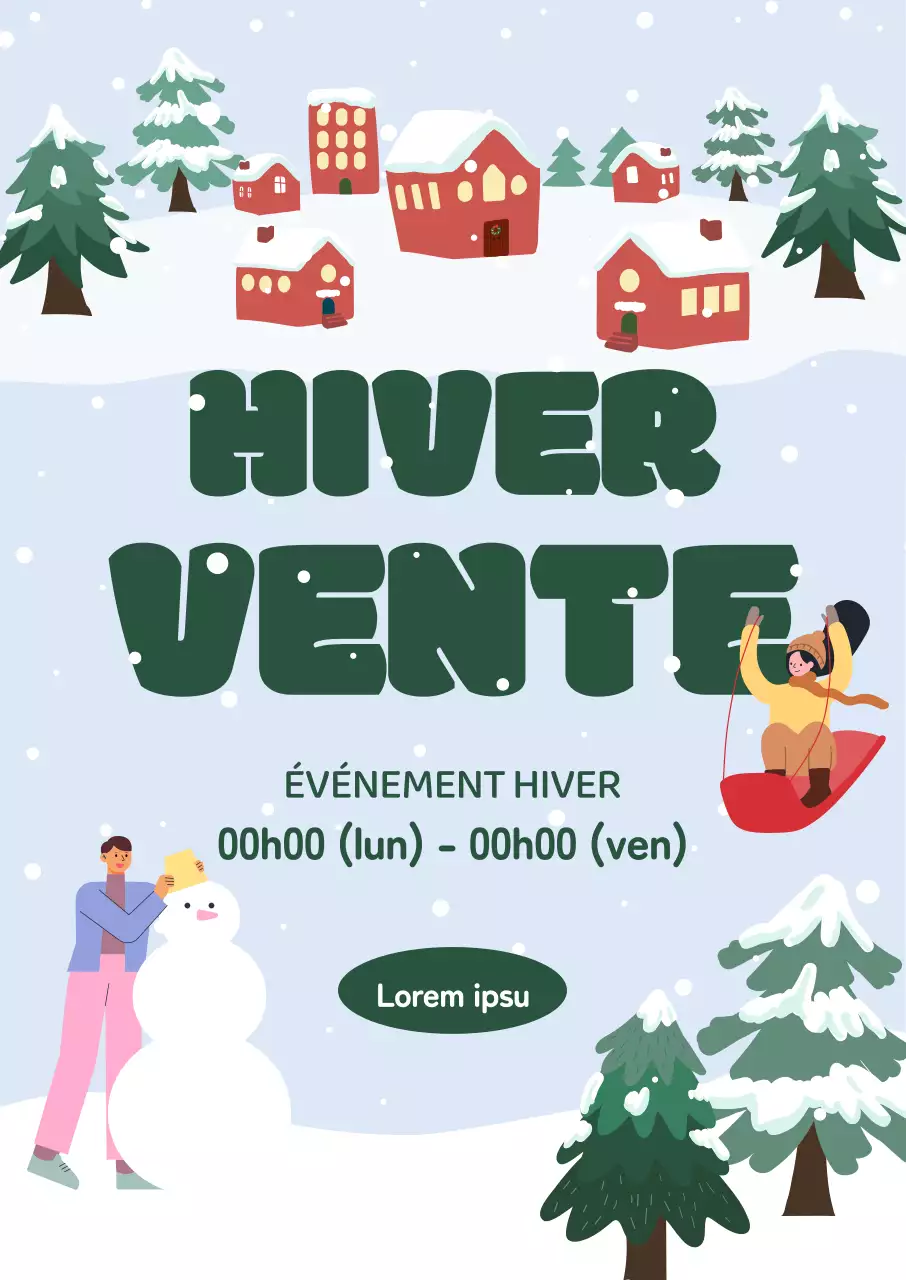 Une vente d'hiver comprenant un village enneigé, des traîneaux à neige et des bonshommes de neige dans une jolie illustration hivernale.